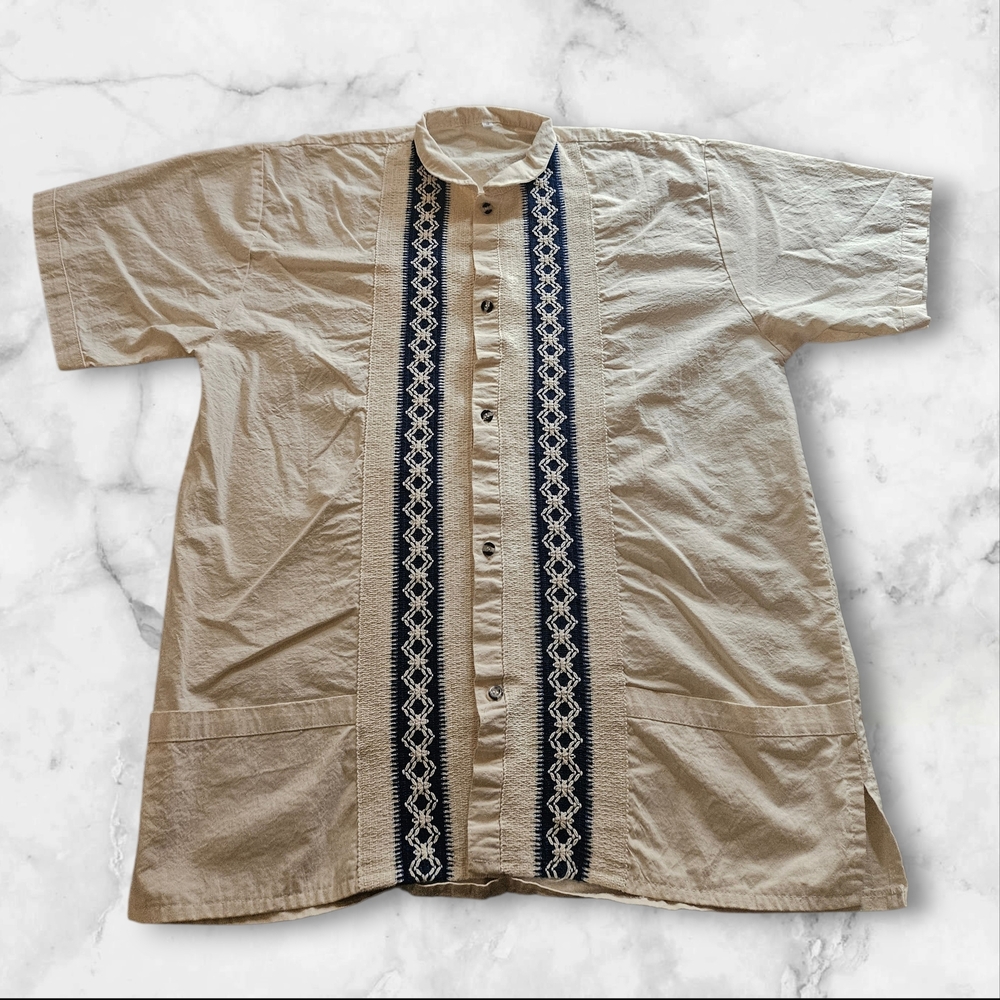 Handmade Guayabera Shirt Men’s Large — Embroidered Cotton Relaxed Fit